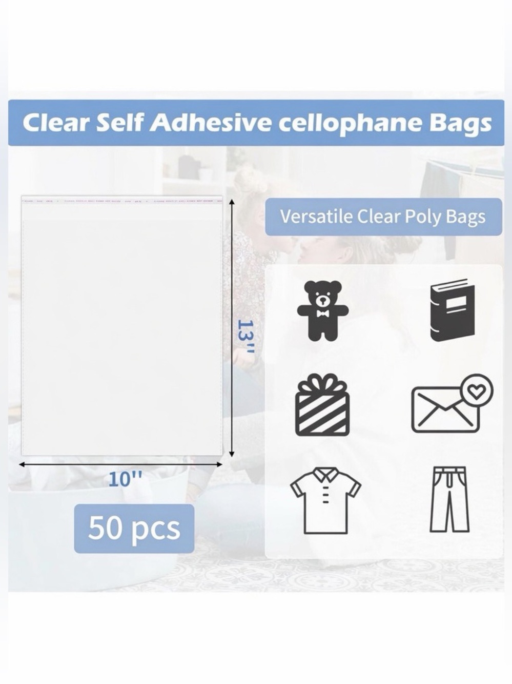 50 pack of Clear Cellophane Bags with Adhesive Seal 10”x13” - Picture 2 of 6